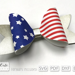 May include: A red, white, and blue bow with a star pattern on one side and a striped pattern on the other. The bow is attached to a silver clip.  Formats included: SVG, PDF, DXF, EPS