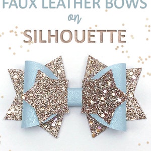 May include: Learn to make faux leather bows on a Silhouette cutting machine. This image shows a light blue and gold glitter bow with a star shape. The image also includes the text "SVG + TUTORIAL" and "CutCute Crafts".