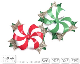 Peppermint Candy Bow SVG for Christmas Faux Leather hairbow template SVG cut file Cricut bow svg Silhouette svg PDF Felt Bow Pattern