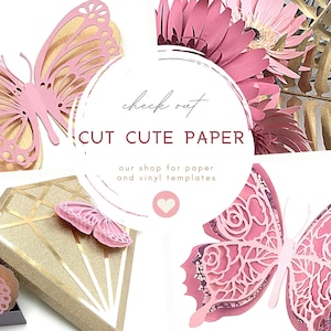 Op de afbeelding: Roze papieren vlinders met ingewikkelde uitgesneden ontwerpen. De vlinders zijn gelaagd en hebben een delicate, vrouwelijke uitstraling. De tekst "Check out CUT CUTE PAPER our shop for paper and vinyl templates" wordt weergegeven op een witte achtergrond.