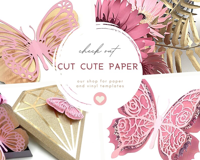 Op de afbeelding: Roze papieren vlinders met ingewikkelde uitgesneden ontwerpen. De vlinders zijn gelaagd en hebben een delicate, vrouwelijke uitstraling. De tekst "Check out CUT CUTE PAPER our shop for paper and vinyl templates" wordt weergegeven op een witte achtergrond.