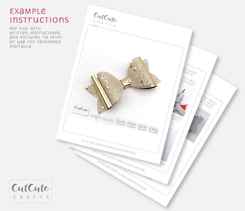 May include: A gold glitter bow with a gold center. The bow is on a white background with the text "CutCute Crafts" and "Formats Included: SVG PDF DXF EPS".