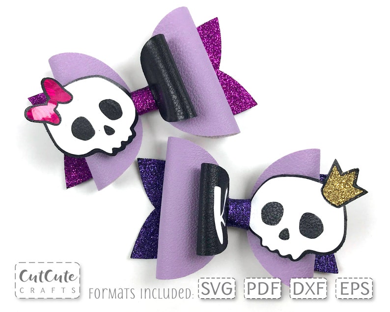 May include: Two purple and black skull hair bows with glitter accents. The bow on the left has a pink butterfly on the skull. The bow on the right has a gold crown on the skull.  Formats included: SVG, PDF, DXF, EPS.