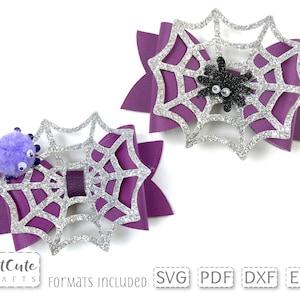 May include: Two purple and silver glitter spiderweb hair bows with a black and white spider on one and a purple pom-pom spider on the other.  SVG, PDF, DXF, and EPS formats included.