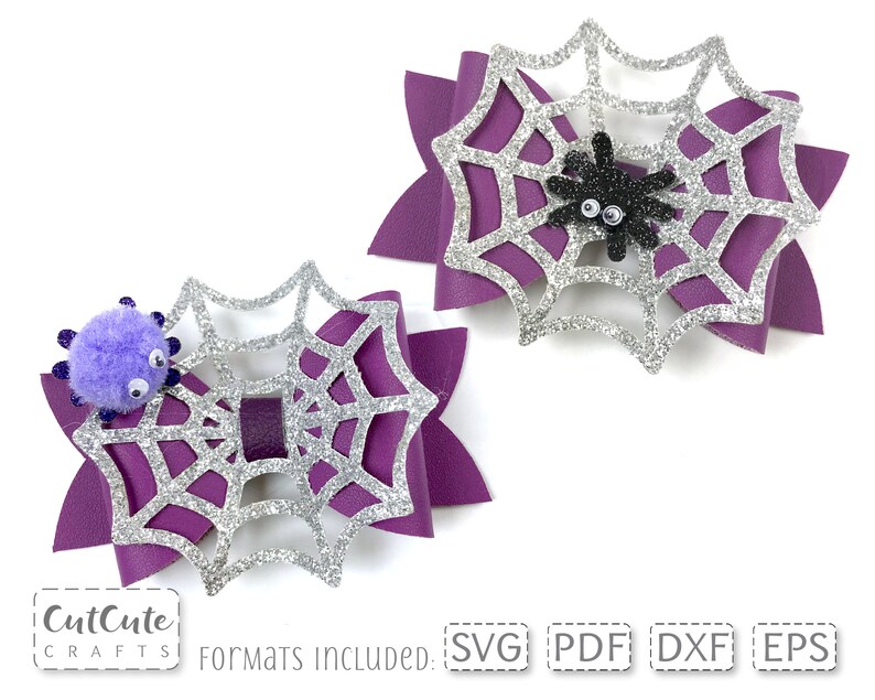 May include: Two purple and silver glitter spiderweb hair bows with a black and white spider on one and a purple pom-pom spider on the other.  SVG, PDF, DXF, and EPS formats included.