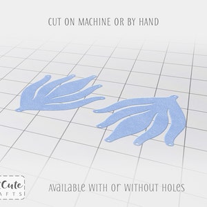 May include: Two light blue paper cutouts of a stylized flower with five petals. The cutouts are on a white grid background. The text "CUT ON MACHINE OR BY HAND" is at the top of the image. The text "AVAILABLE WITH OR WITHOUT HOLES" is at the bottom of the image.
