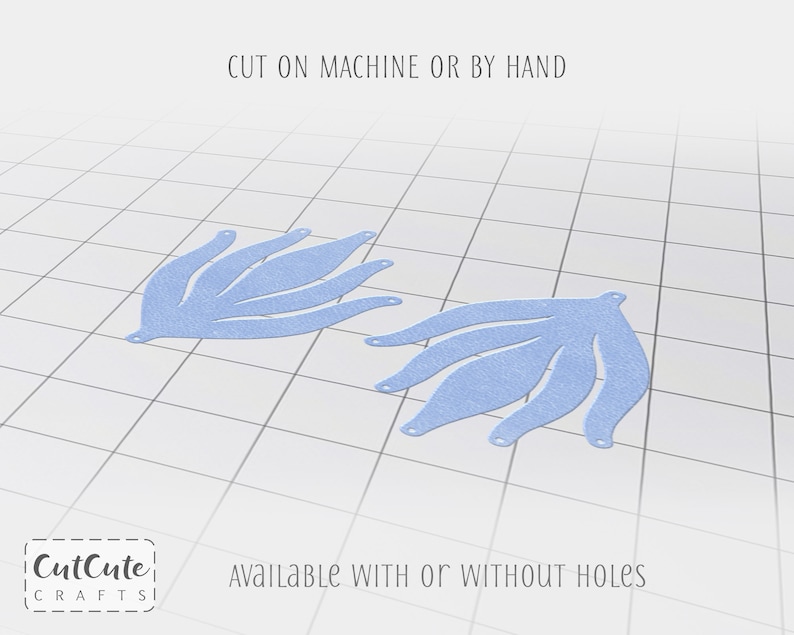 May include: Two light blue paper cutouts of a stylized flower with five petals. The cutouts are on a white grid background. The text "CUT ON MACHINE OR BY HAND" is at the top of the image. The text "AVAILABLE WITH OR WITHOUT HOLES" is at the bottom of the image.