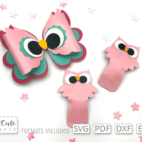 Owl Hair Bow and Snap Clip Templates SVG, Back to School Faux Leather Cricut Bow svg, PDF Felt Bow Pattern, Plotter cut file, Plotterdatei