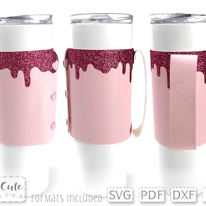 May include: A pink and burgundy glitter tumbler wrap with a dripping design and heart accents. The wrap is designed to fit a 20 oz tumbler.  The design is shown on a white tumbler with a clear lid.  Formats included: SVG, PDF, DXF, EPS.