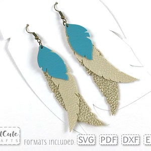 May include: A pair of layered feather earrings with a gold and turquoise color scheme. The earrings are made of leather and have a shiny finish. The earrings are hanging from a white background. Formats included: SVG, PDF, DXF, EPS.
