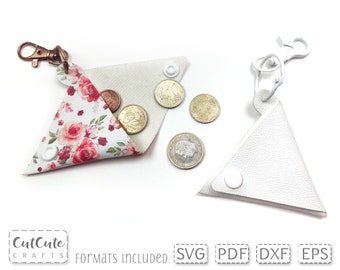 Triangle Mini Coin Purse SVG Template Faux Leather No Sew Keychain Pouch Wallet Key Fob Coin Pouch cut file for Cricut, Key Ring Purse