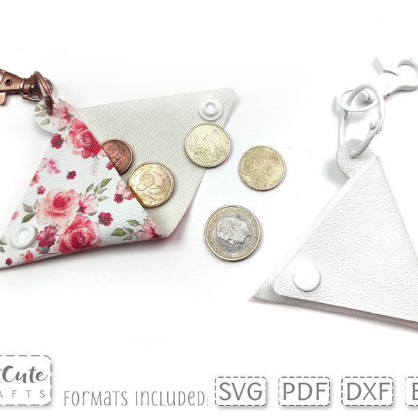 Triangle Mini Coin Purse SVG Template Faux Leather No Sew Keychain Pouch Wallet Key Fob Coin Pouch cut file for Cricut, Key Ring Purse