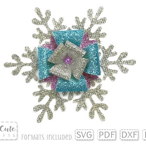 Snowflake bow SVG, Christmas hair bow template SVG for Cricut, Bow svg Silhouette, PDF Bow pattern, faux leather birthday bow svg, image 1