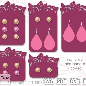 スタッドとダングル用の花柄イヤリングディスプレイカード SVG テンプレート、Silhouette と Cricut 用のエレガントなバラのイヤリング SVG カード カット ファイル
