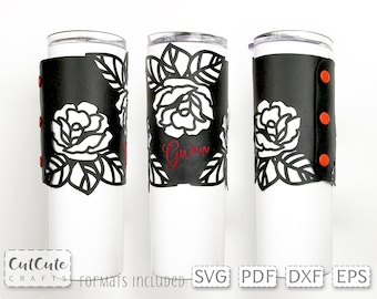 Plantilla SVG de funda para vaso con encaje de rosas: Vaso delgado de piel sintética de 20 oz (descarga digital)