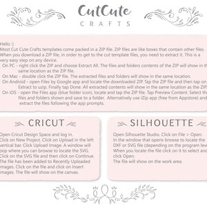 Op de afbeelding: Een roze en witte afbeelding met instructies over het openen van een ZIP-bestand voor Cricut en Silhouette ontwerpsoftware. De afbeelding bevat de tekst "CutCute Crafts".