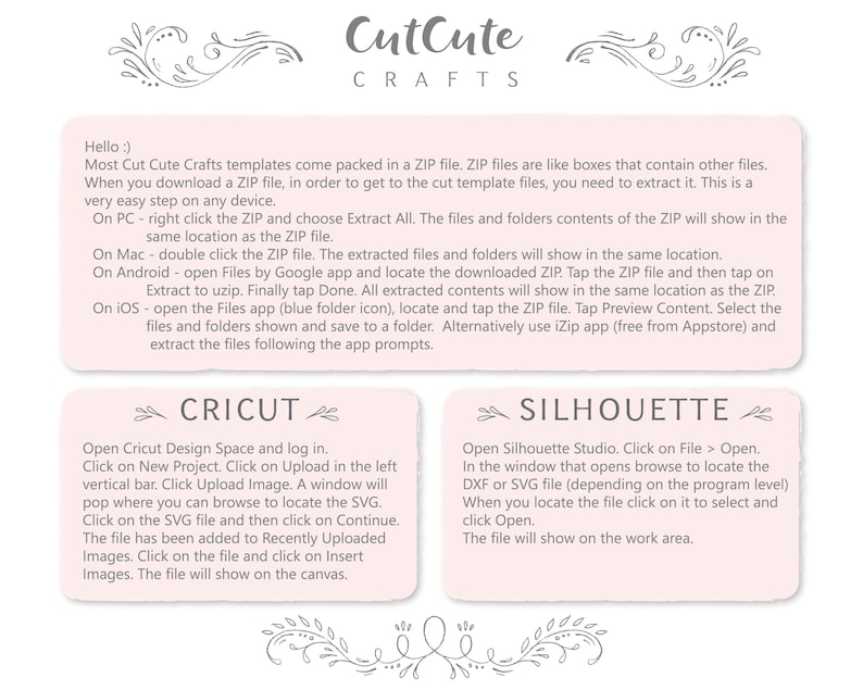 Op de afbeelding: Een roze en witte afbeelding met instructies over het openen van een ZIP-bestand voor Cricut en Silhouette ontwerpsoftware. De afbeelding bevat de tekst "CutCute Crafts".