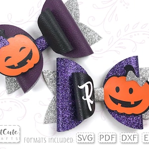 May include: Two purple and silver glitter hair bows with black felt accents and orange felt pumpkin cutouts. The pumpkins have a smiling face with a black outline. The text "FORMATS INCLUDED: SVG PDF DXF EPS" is at the bottom of the image.