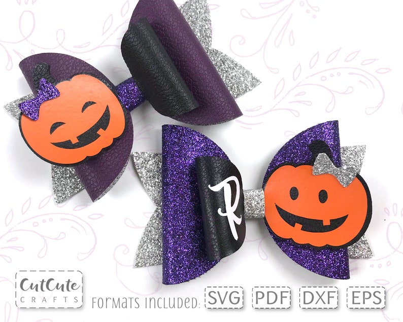 May include: Two purple and silver glitter hair bows with black felt accents and orange felt pumpkin cutouts. The pumpkins have a smiling face with a black outline. The text "FORMATS INCLUDED: SVG PDF DXF EPS" is at the bottom of the image.