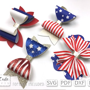 4. Juli Haarschleife SVG Bundle Kunstleder Cricut Schleife SVG Cut Files, Hairbow PDF Template, Independence Day patriotische Haarspange SVG Bundle