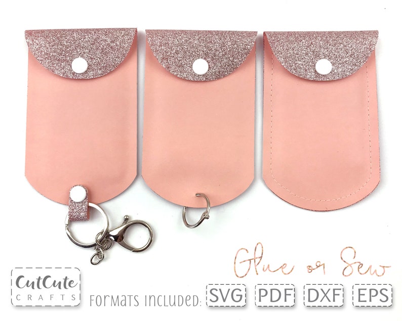 May include: Three pink leather keychains with glittery tops and white button closures. One keychain has a silver keyring and clasp attached. The image includes the text "CutCute Crafts" and "Glue or Sew". Formats included: SVG, PDF, DXF, EPS.