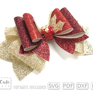 Rico arco de cabelo de Natal SVG, arco svg para Cricut, modelo de arco de couro falso, arco svg para silhueta, padrão de arco de feltro PDF, arquivo de corte SVG
