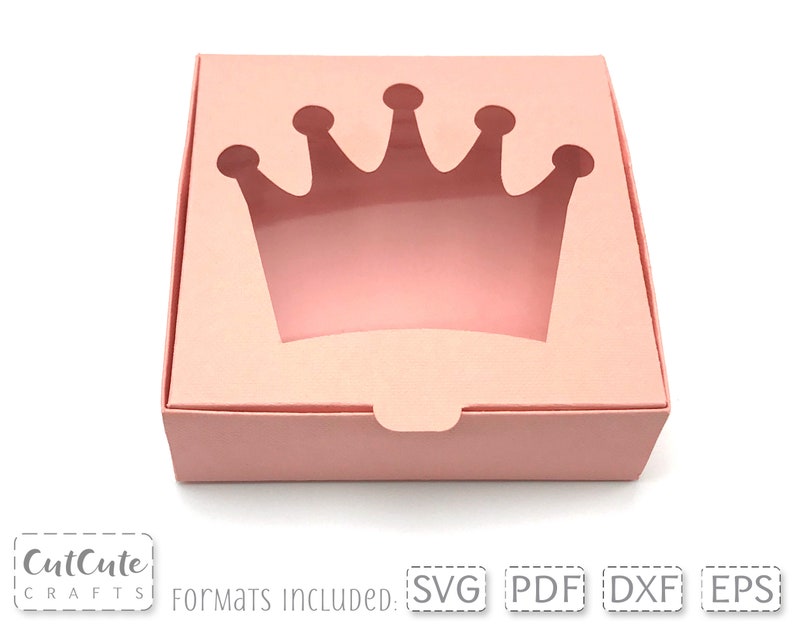 May include: A pink cardboard box with a crown-shaped cut-out window. The box is designed for packaging small gifts or favors.  Formats included: SVG, PDF, DXF, EPS.