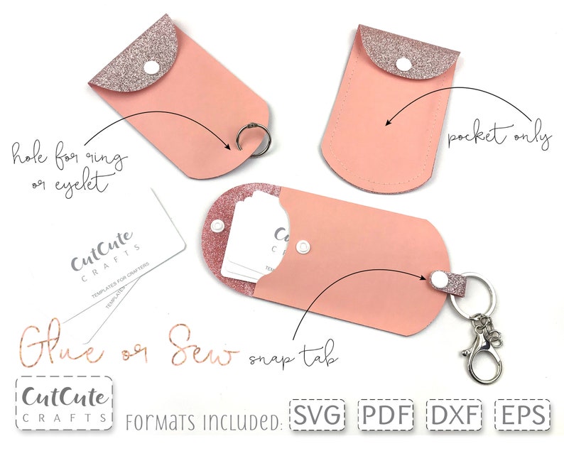 May include: Pink leatherette pocket-sized cases with glittery tops and snap closures. One case has a keyring, another has a hole for a ring or eyelet, and the third is a pocket only. The cases are designed by CutCute Crafts.