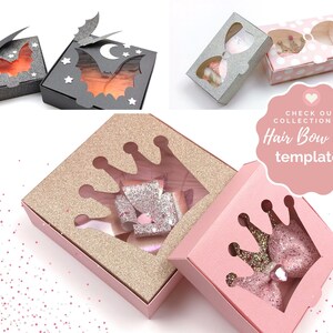 May include: Four different hair bow boxes with clear windows. The boxes are decorated with glitter and have different cutouts, including a bat, a crown, and a polka dot pattern. The text "CHECK OUR COLLECTION OF Hair Bow Box templates" is visible in the image.