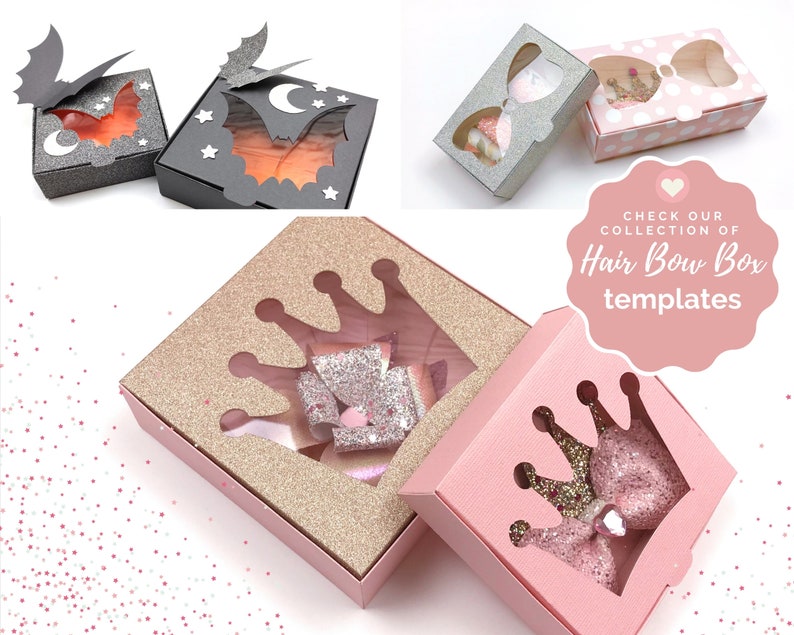 May include: Four different hair bow boxes with clear windows. The boxes are decorated with glitter and have different cutouts, including a bat, a crown, and a polka dot pattern. The text "CHECK OUR COLLECTION OF Hair Bow Box templates" is visible in the image.