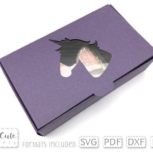 Einhorn Schleifenschablone SVG, No-Glue Cricut Box svg, Geschenkbox SVG, Vitrine für Haarspangen, Silhouette Box svg, Fensterparty Favorit Box