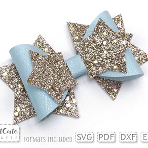 May include: A light blue bow with gold glitter star embellishments. The bow is made of faux leather and has a layered design. The text "SVG PDF DXF EPS" is visible in the image.