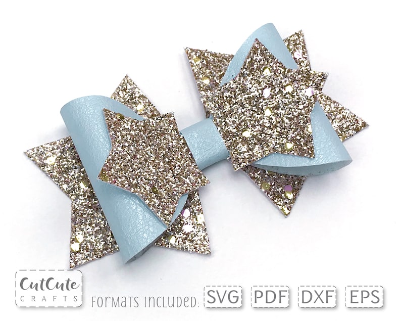 May include: A light blue bow with gold glitter star embellishments. The bow is made of faux leather and has a layered design. The text "SVG PDF DXF EPS" is visible in the image.