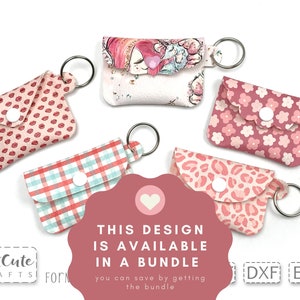 May include: Six different designs for keychains, each with a different pattern. The patterns include lips, flowers, plaid, and leopard print. The text "This design is available in a bundle" is displayed in the center of the image. The text "CutCute Crafts" is in the lower left corner of the image. The text "Form" is in the lower left corner of the image. The text "DXF EPS" is in the lower right corner of the image.