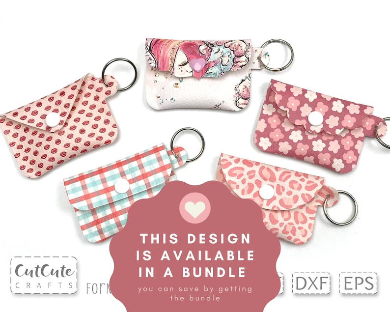 May include: Six different designs for keychains, each with a different pattern. The patterns include lips, flowers, plaid, and leopard print. The text "This design is available in a bundle" is displayed in the center of the image. The text "CutCute Crafts" is in the lower left corner of the image. The text "Form" is in the lower left corner of the image. The text "DXF EPS" is in the lower right corner of the image.