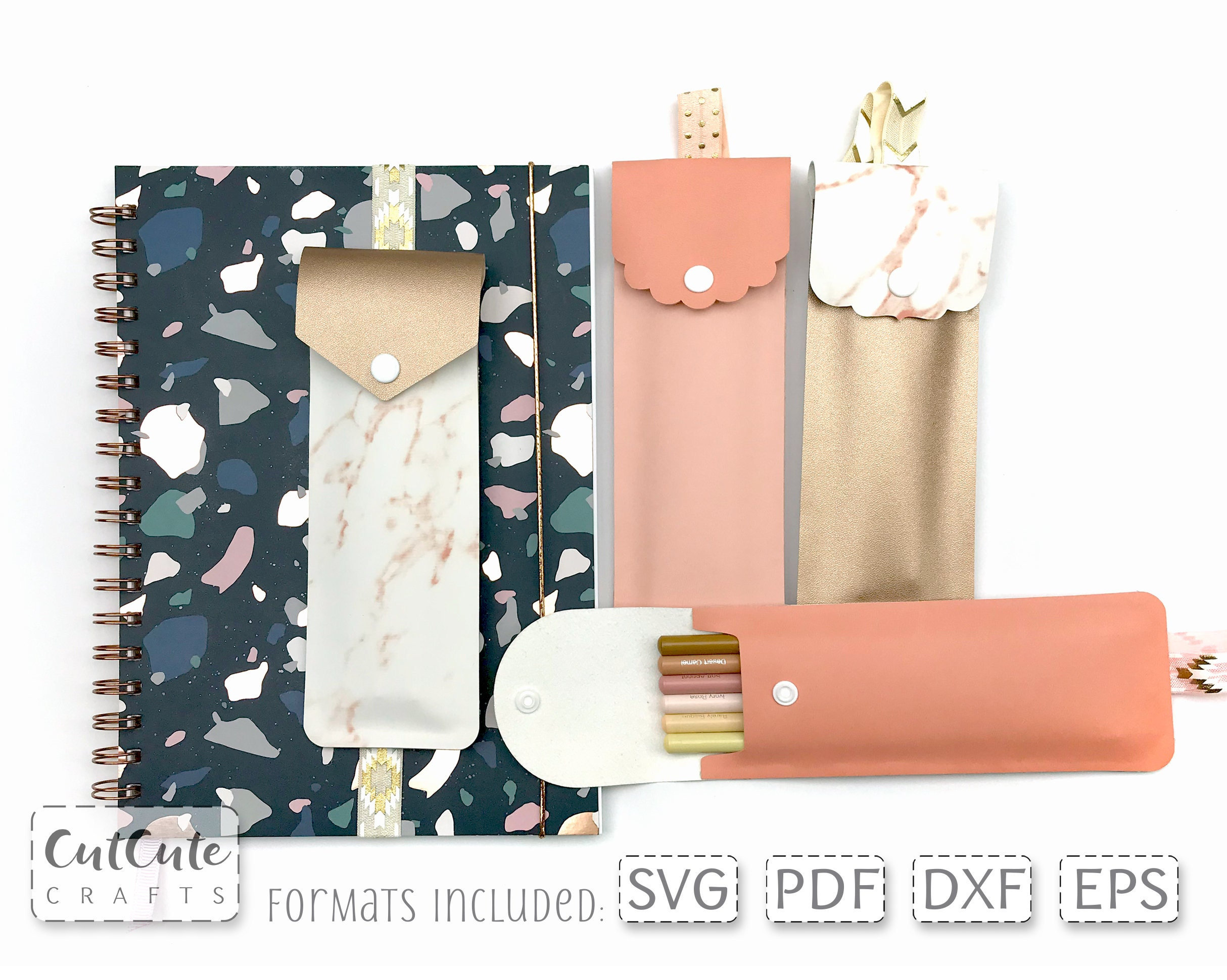 Pencil Case Template SVG for Notebook or Planner, Pencil Holder Case with Elastic Strap, Cut Files Cricut, Planner Accessory Back to School