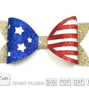 Stars and Stripes Bow SVG Faux Leather Hairbow Cut Files for Cricut or Silhouette, Hair Bow PDF Template, DIY Bow Tutorial, 4th of July