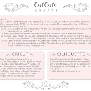 May include: A pink and white graphic with instructions on how to open a ZIP file for Cricut and Silhouette design software. The text includes the words "CutCute Crafts".