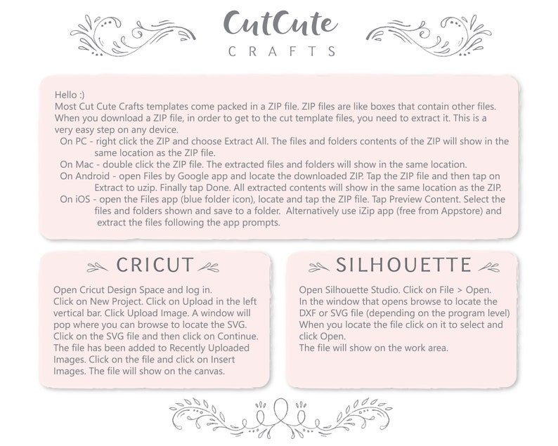 May include: A pink and white graphic with instructions on how to open a ZIP file for Cricut and Silhouette design software. The text includes the words "CutCute Crafts".
