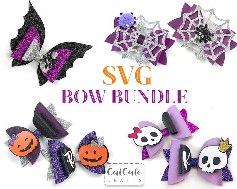 May include: SVG Bow Bundle - Halloween themed hair bows with glitter and various designs including a bat, spiderweb, pumpkin, and skull.  CutCute Crafts.