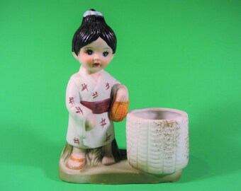 Vintage Royal Crown Japanese Girl with Kimono and Sandals Ceramic Candle / Toothpick Holder Taiwan