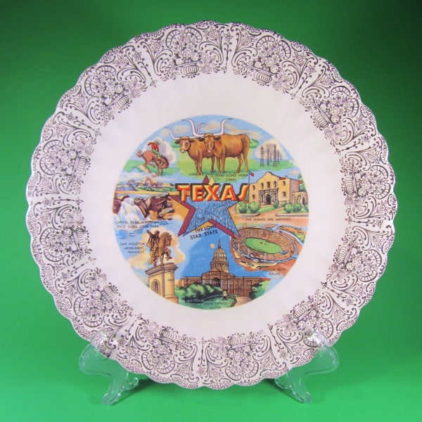 Vintage Texas Souvenir Collectible Scalloped Ceramic Plate Featuring the Alamo, cowboys, Austin and Longhorns
