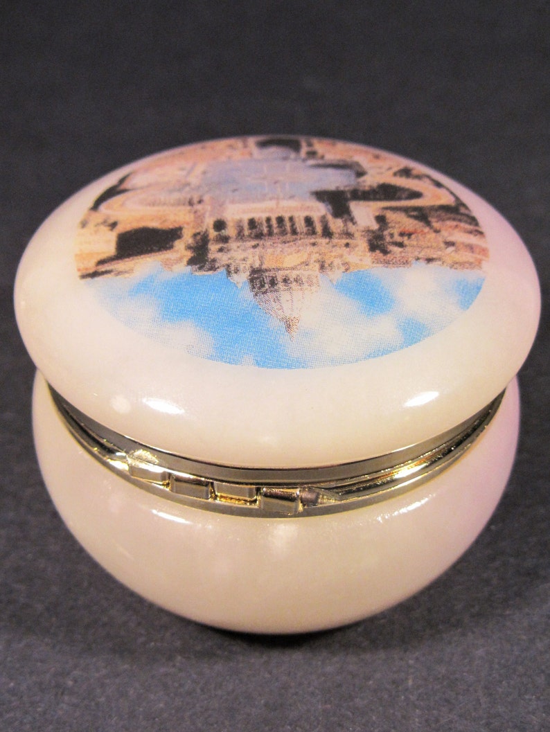 Vintage Round Alabaster Trinket Box Features Image of Saint Peter's