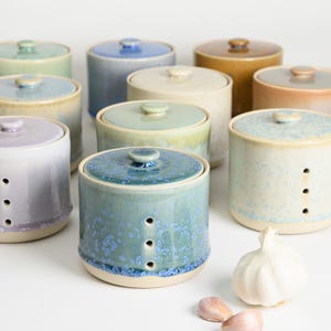 May include: A set of ten ceramic garlic keepers with lids in various shades of blue, green, and brown. The keepers have small holes in the sides for ventilation. A whole garlic bulb and a few cloves are in the foreground.