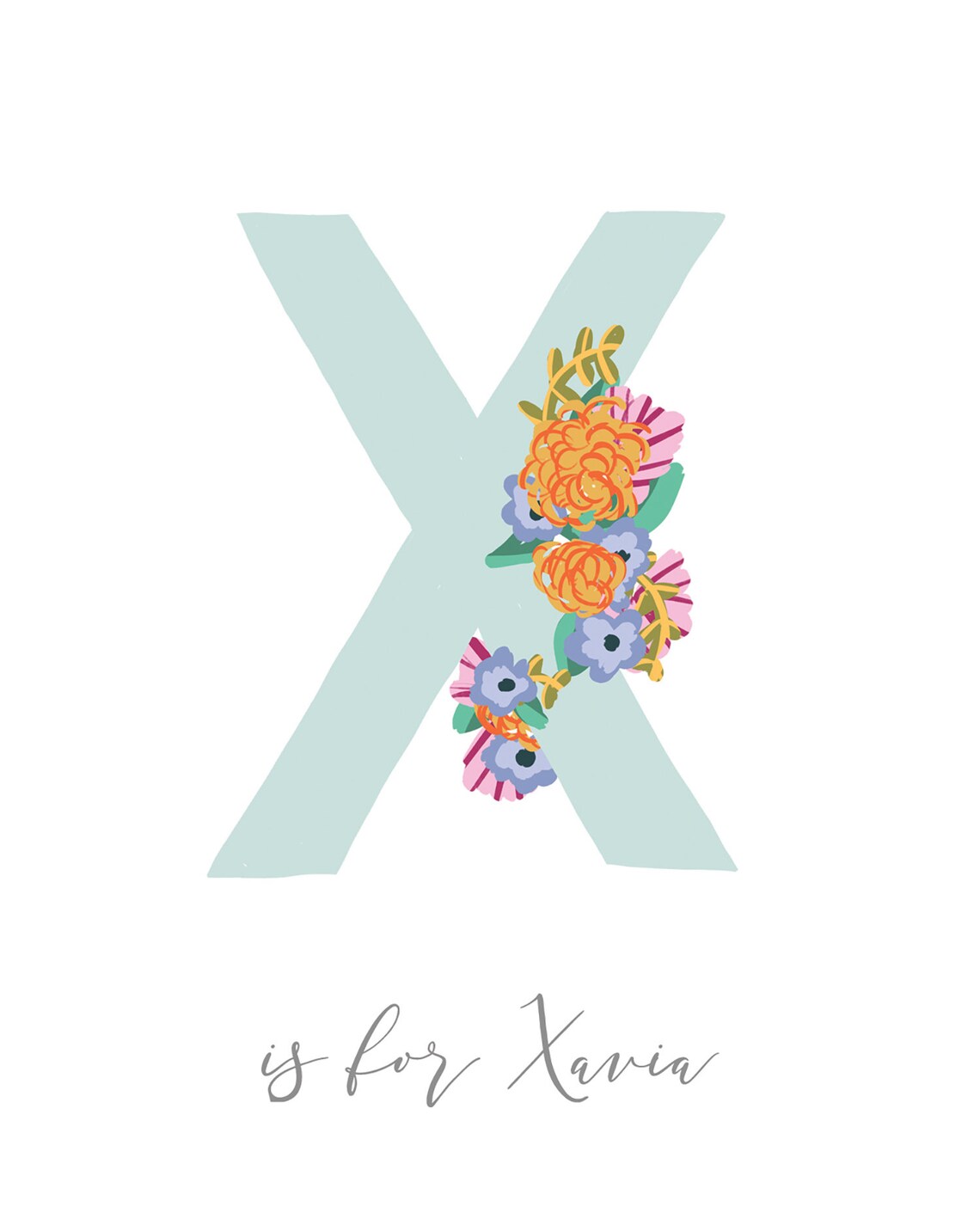 Custom Letter X Floral Botanical Alphabet Initial Art Print Etsy