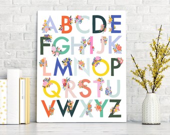 Impresión de arte del alfabeto botánico floral para guardería, hogar, oficina