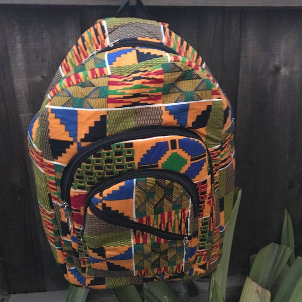 Bright assorted Kente cloth backpacks