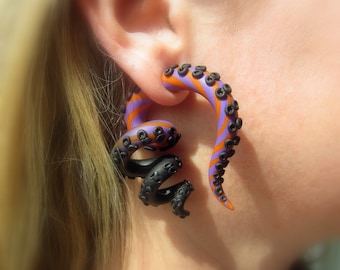 Pastel Goth Tentacle Fake Gauge Earrings - Orange & Purple Octopus Plugs - Faux or Real Gauges 6G-1" Alternative Jewelry