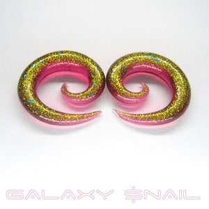 Glitter Spiral Fake Gauges: Cherry Pink Resin Plugs, Gold Sparkles