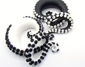 Expansores de tentáculos en blanco y negro - Tapones falsos monocromáticos - Pendientes góticos pastel 8g-1"